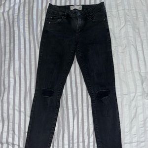 Garage black jeans, knee rips, women’s size 1, mid-rise